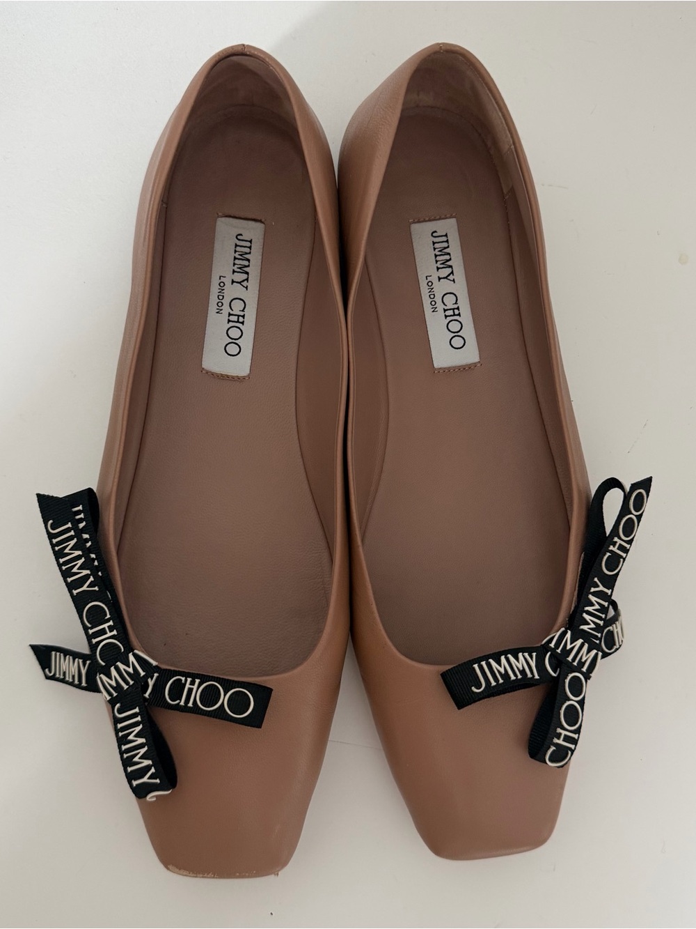 Jimmy Choo Blush Pink Leather Ballet Flats with Branded Black Bow